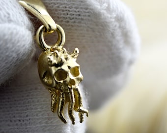 Handcrafted tiny Cthulhu Skull Pendant in Gold, Tentacled Creature Inspired Lovecraft Jewelry, Cool Gift for Horror Fans