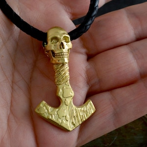 Handmade Gold Mjolnir Skull Pendant: Rustic Viking Jewelry