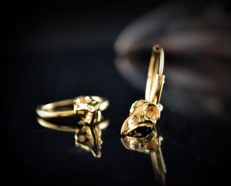 May include: A pair of gold earrings featuring a small bird skull charm. The earrings are hoop style and have a simple design.