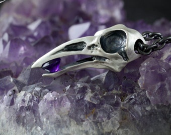 Silver raven skull pendant with amethyst, Odin eye pendant, Viking amulet