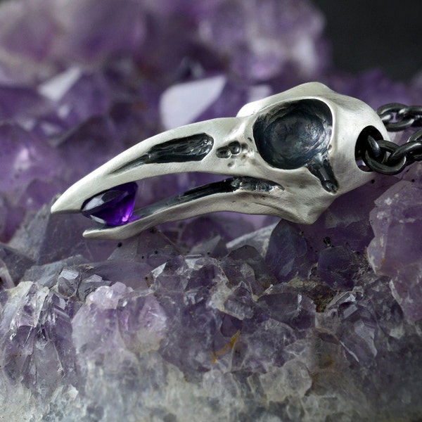 Silver raven skull pendant with amethyst, Odin eye pendant, Viking amulet