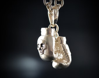 pendant boxing gloves with skull, Handmade in solid sterling silver, Gift for fighters