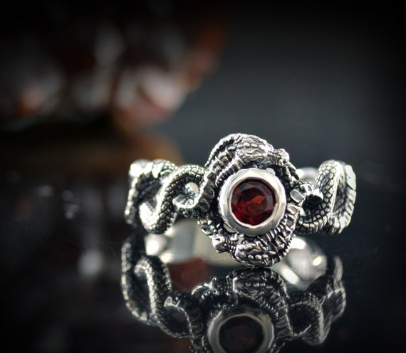 Sterling Silver Dragon Ring with Blue Topaz, Garnet, or Amethyst Stone