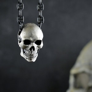 Human skull pendant for men and women with oxidized textures, Memento mori pendant