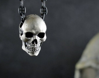 Human skull pendant for men and women with oxidized textures, Memento mori pendant