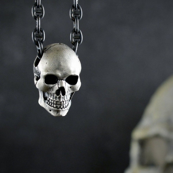 Human skull pendant for men and women with oxidized textures, Memento mori pendant