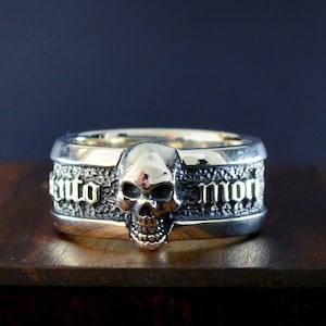 Memento Mori band ring with skull in solid Sterling silver,