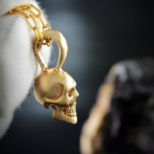 May include: A gold skull pendant necklace with a chain. The skull has a detailed design and is a popular style of jewelry.