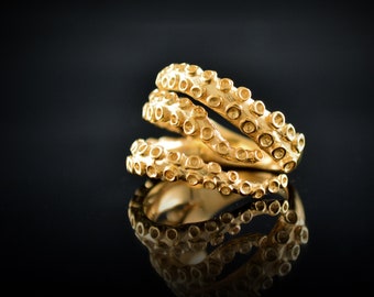 Anillo tentáculos pulpo en oro sólido de 18k, 14k o 10k, Anillo ajustable tentáculos , Joyería del mar
