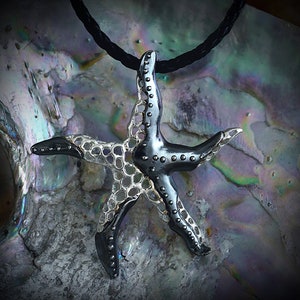 Starfish skeleton pendant, Handmade star in Sterling silver and oxidized textures, Ocean jewelry