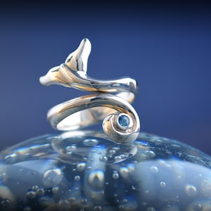 Whale Tail Ring with Gemstone in Sterling Silver – Adjustable Handmade Ocean Jewelry