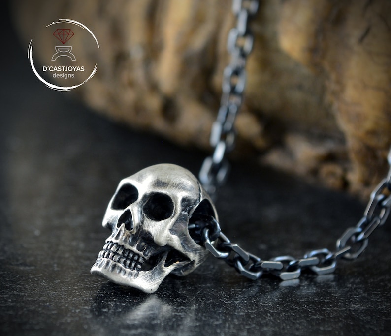 Gothic jewelry Biker jewelry Memento mori pendant Solid Silver skull pendant with oxidised textures Silver skull necklace for men
