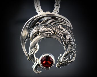 Handmade Silver Dragon Pendant with Blue Topaz | Artisan Fantasy Jewelry | Collector Necklace