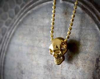 14k or 18k gold small skull pendant, Smiley skull necklace