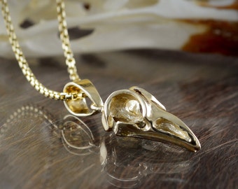 Gold raven pendant, 10k, 14K and 18k gold skull crow, Viking necklace