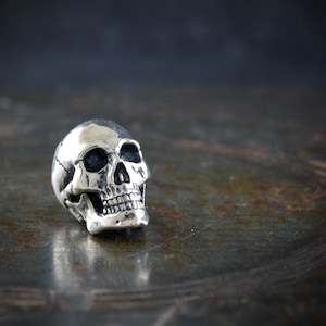 Op de afbeelding: Een zilveren schedelbeeld met gedetailleerde kenmerken, rustend op een getextureerd metalen oppervlak.