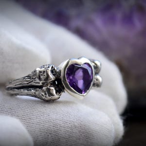 Gothic Heart Amethyst Engagement Ring Handmade Sterling Silver Bone Design Alternative Bridal Jewelry