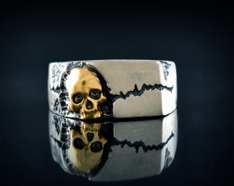 Gold skull on silver signet ring, Rock texture ring, Memento Mori jewelry