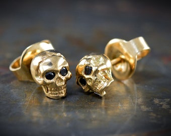 Gold Skull Stud Earrings: Whimsigoth 10k-18k Gold, Handmade