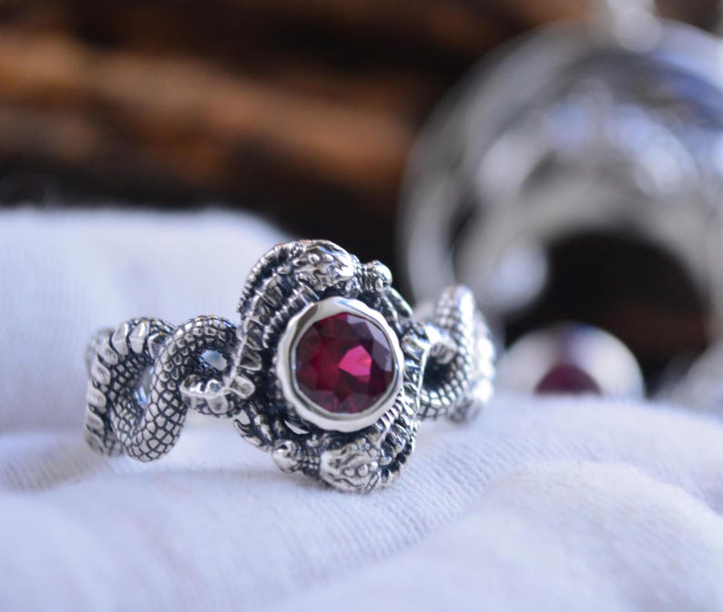Sterling Silver Dragon Ring with Blue Topaz, Garnet, or Amethyst Stone image 5