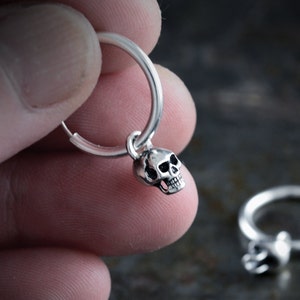 Unique Silver Skull Hoop Earrings, Men&#39;s Punk Earring, Handmade Whimsigoth Jewelry