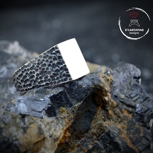 Signet silver ring with hammered textures oxidised and glossy finish, Rustic ring