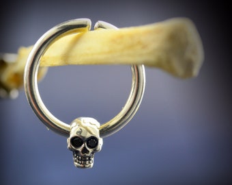 Silver Tiny Skull Septum Hoop, Punk Jewelry Tattoo Style