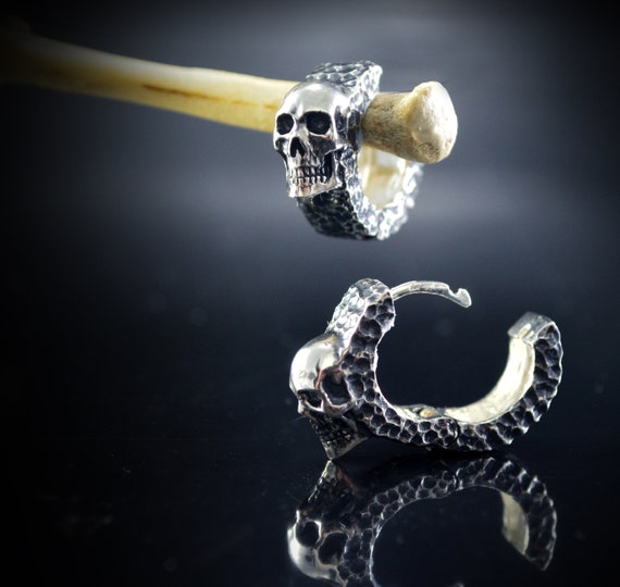 Hammered Hoops with Skull, Handmade Silver Earrings, Punk earrings
