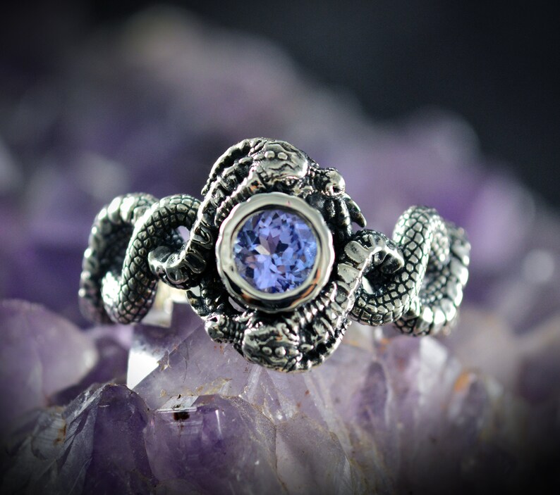 May include: A silver ring with a detailed snake design and a purple gemstone in the center.