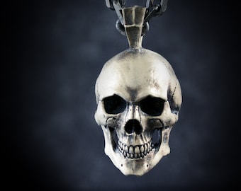Large Sterling Silver Human Skull Pendant: Handmade Biker Jewelry