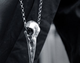 Large raven skull in solid sterling silver, Viking bird skull necklace