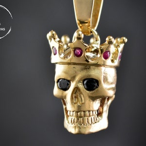 10k Gold Skull Pendant with Crown: Gothic Memento Mori Jewelry