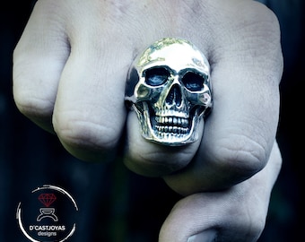 Silver human skull ring, Memento mori ring for men, Biker ring