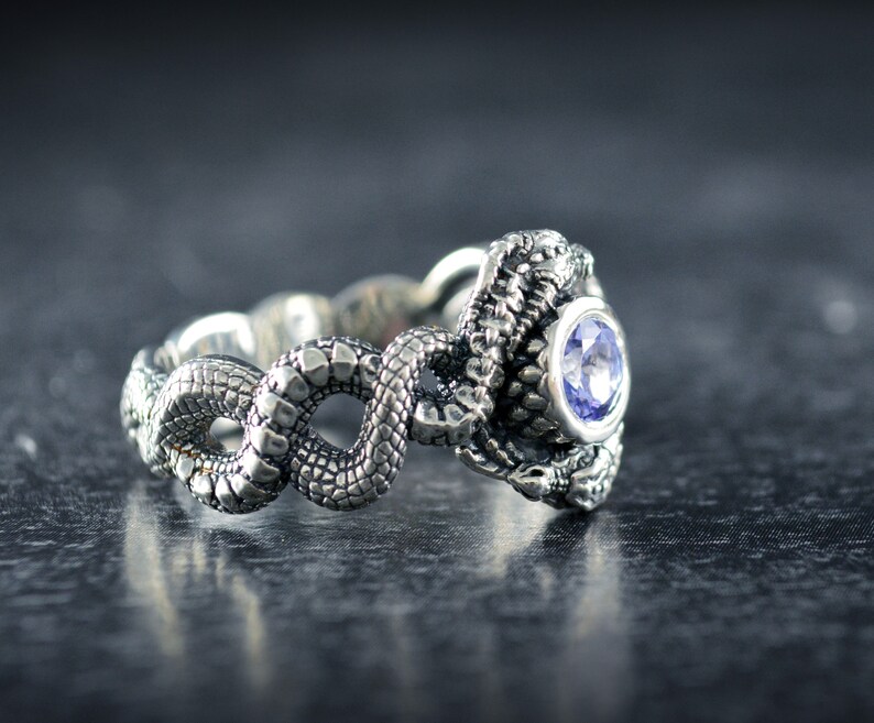 May include: A silver ring with a snake design and a purple gemstone. The snake is coiled around the ring and the gemstone is set in the snake's head.