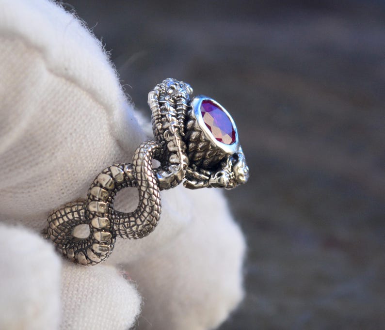 Sterling Silver Dragon Ring with Blue Topaz, Garnet, or Amethyst Stone image 14