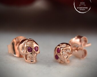 Handmade 18k Rose Gold Skull Earrings: Black Diamond Studs