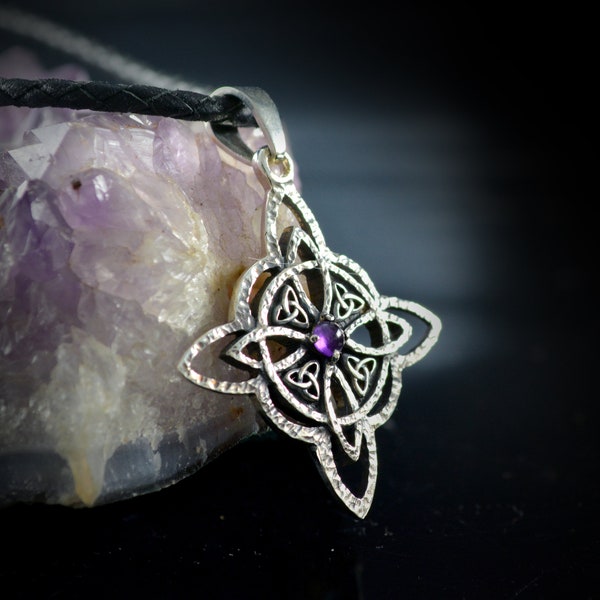 Solid sterling silver witch knot pendant with natural stone, Handmade pendant, Protective necklace, Silver pendant with amethyst