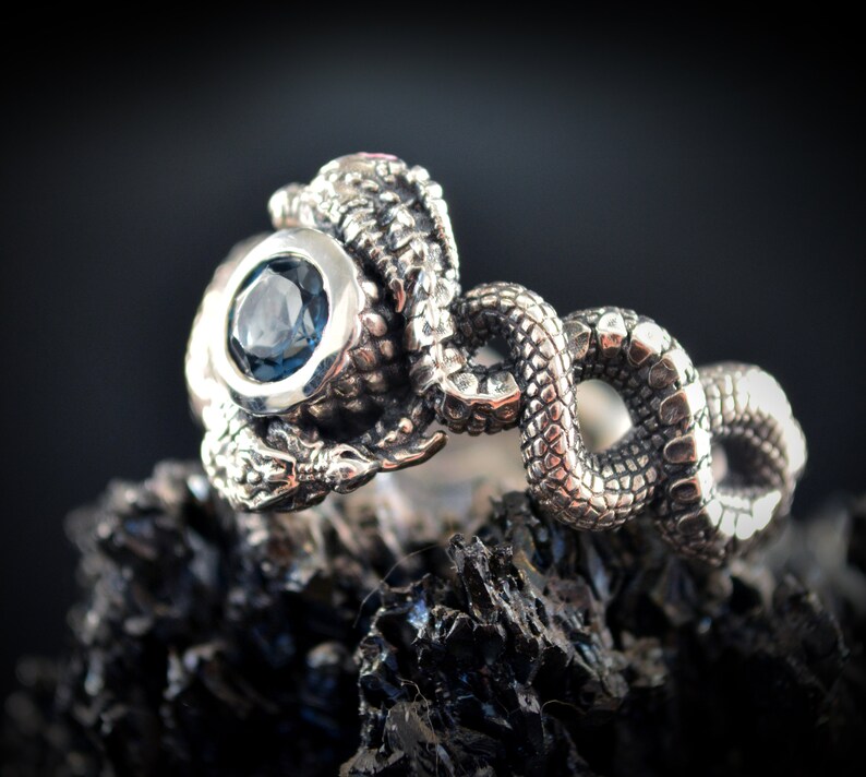 Sterling Silver Dragon Ring with Blue Topaz, Garnet, or Amethyst Stone image 10