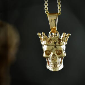 Solid Gold Skull with Crown – Rebel Gothic Pendant – 10k 14k 18k Handmade Jewelry