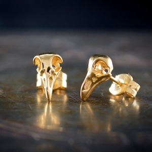14k Gold Raven Skull Studs: Gothic Crow Earrings