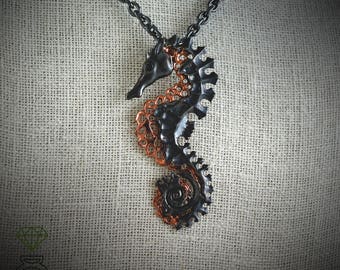 Seahorse choker in Sterling silver and oxidised textures, Skull seahorse pendant