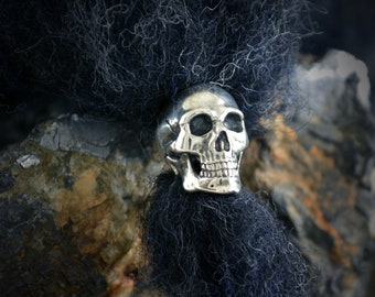 Silver human skull ring beard, Viking beard bead