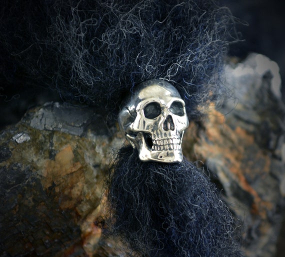 Silver human skull ring beard, Viking beard bead