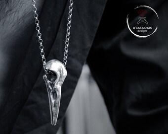Large raven skull in solid sterling silver, Viking bird skull necklace