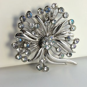 Vintage Costume Jewelry Brooch - Vintage Iridescent Crystal Brooch - Silver and Rhinestone Flower Brooch