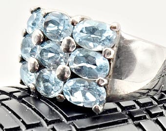 Vintage Swiss Blue Topaz Cluster Ring Sterling Silver Size 6.75