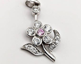 Vintage Silver Flower Pendant Pink & White Stones | Floral Rhinestone Pendant 1980s