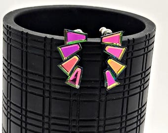 80s Neon Geometric Earrings – Iridescent Triangle Drop Studs, Retro Statement Jewelry, Colorful Acrylic Earrings