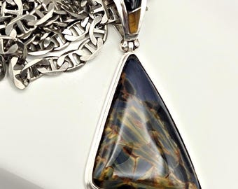 Vintage Sterling Silver Pietersite Pendant Necklace 24" Chain