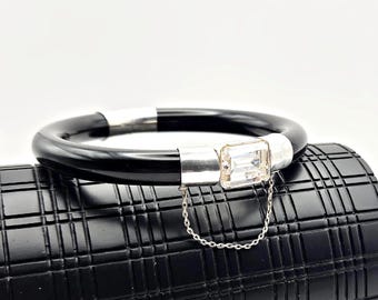 Art Deco Black Onyx Sterling Silver Bangle Bracelet Crystal Center 8” Wrist